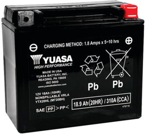 YUASA High Performance YTX20HL sealed AGM battery, fitting all years/makes Big Dog and others: